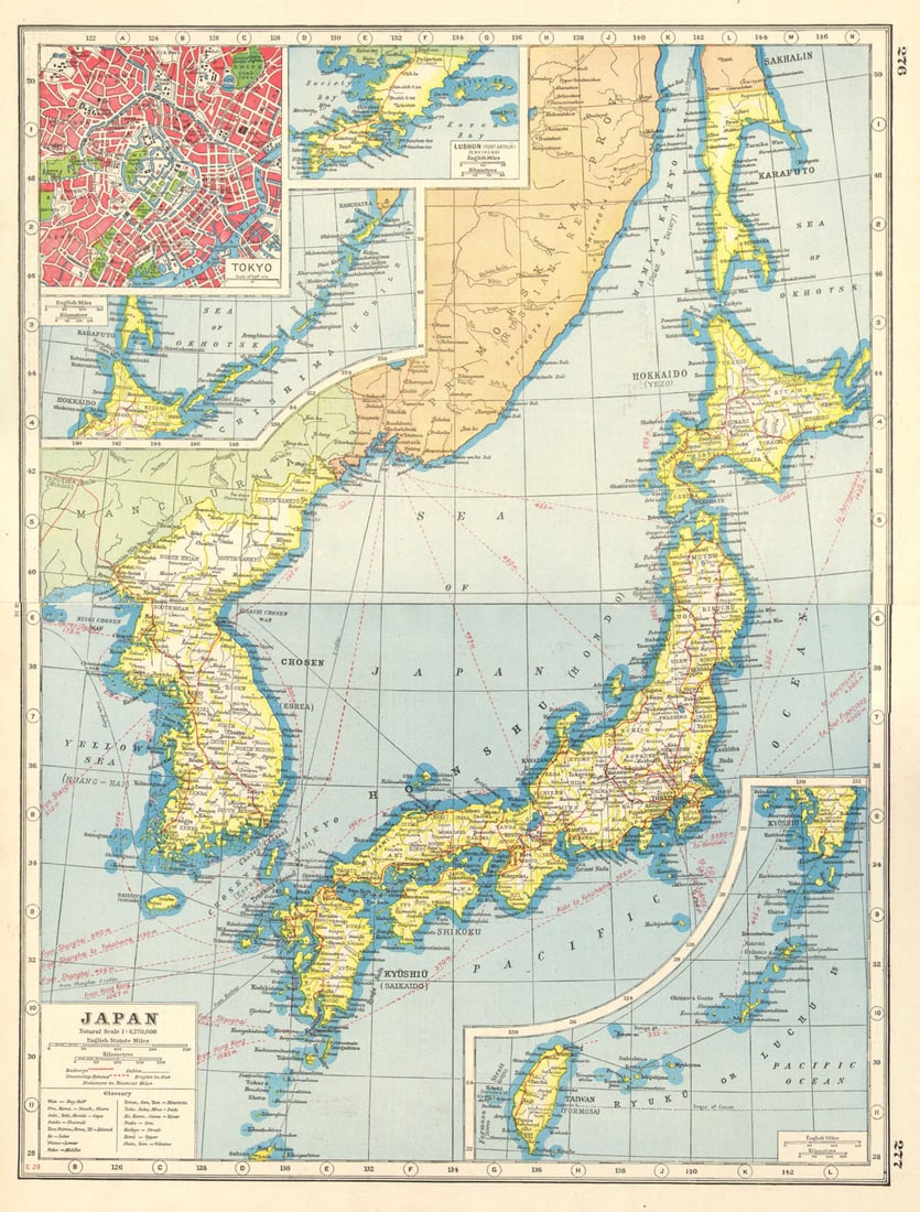 JAPAN KOREA TAIWAN. Railways steamship routes. Chosen. Tokyo plan 1920 old map: Title: JAPAN KOREA TAIWAN. Railways steamship routes. Chosen. Tokyo plan 1920 old map Description: Japan; Inset Tokyo; Lushun; Hokkaido; Japan; Taiwan' by Harmsworth. Published 1920. Vintage colour ma