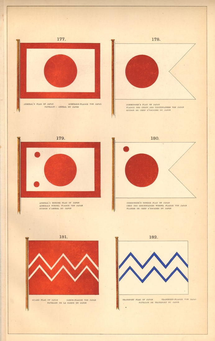 JAPANESE MILITARY/NAVAL FLAGS.Admiral Commodore Tender/Guard/Transport Flag 1873: Title: JAPANESE MILITARY/NAVAL FLAGS.Admiral Commodore Tender/Guard/Transport Flag 1873 Description: 177. Admirals Flag of Japan, Admirals-Flagge Von Japan, Pavillon - Amiral Du Japon; 178. Commodore'
