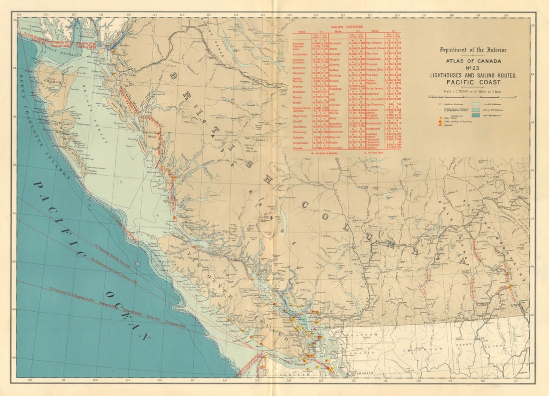 CANADA PACIFIC COAST. Lighthouses and sailing routes. WHITE 1906 old map: Title: CANADA PACIFIC COAST. Lighthouses and sailing routes. WHITE 1906 old map Description: Lighthouses and sailing routes. Pacific coast'. James White , F.R.G.S.. Published 1906. Antique atlas map.
