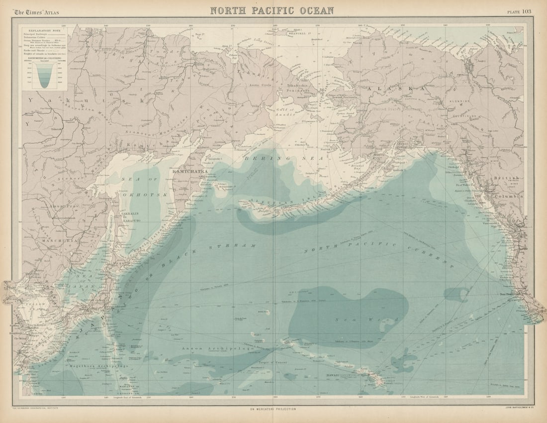 North Pacific Ocean. Bering Sea. Siberia Alaska Japan Kamchatka. TIMES 1922 map: Title: North Pacific Ocean. Bering Sea. Siberia Alaska Japan Kamchatka. TIMES 1922 map Description: North Pacific Ocean'. J. G. Bartholomew. Published 1922. Antique atlas map. Size 45 x 58 cm | 17.5 x