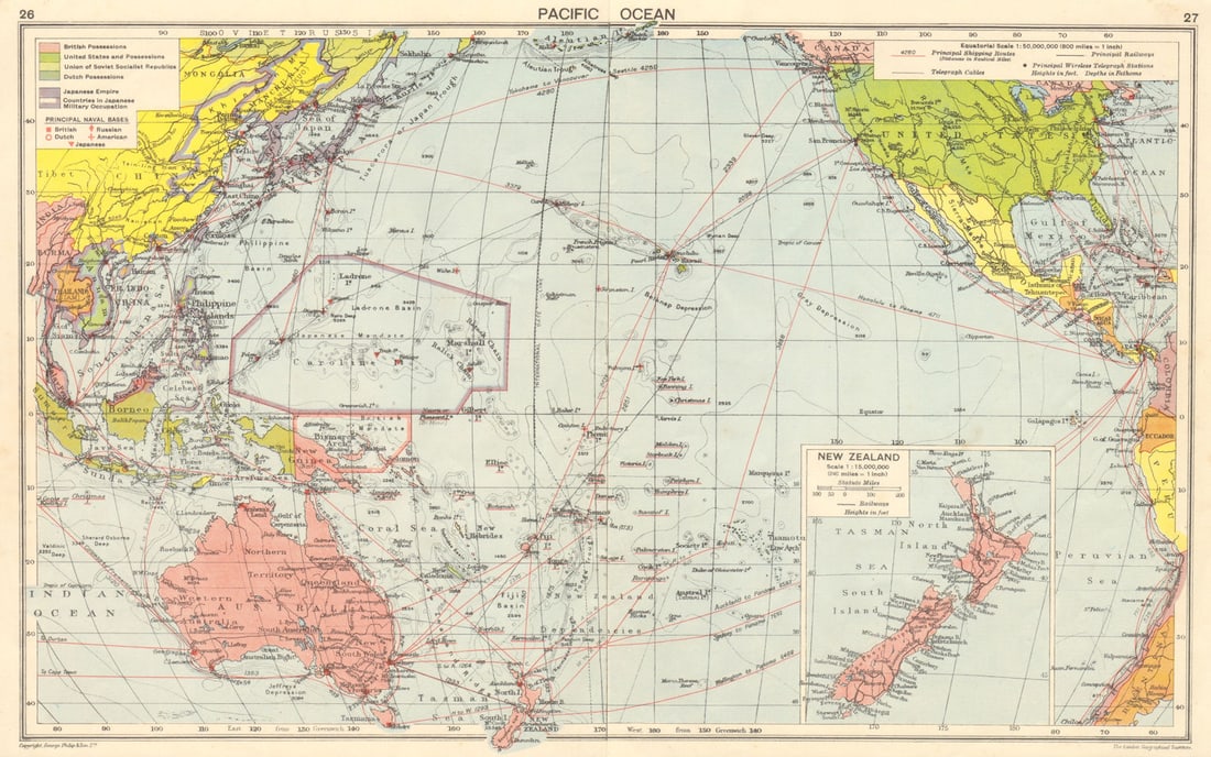 WW2 Pacific Ocean. Japanese-occupied China Indochina Philippines 1942 old map: Title: WW2 Pacific Ocean. Japanese-occupied China Indochina Philippines 1942 old map Description: Pacific Ocean'. George Philip & Son. Published 1942. Vintage colour map. Size 28 x 44 cm | 11.0 x 17.5