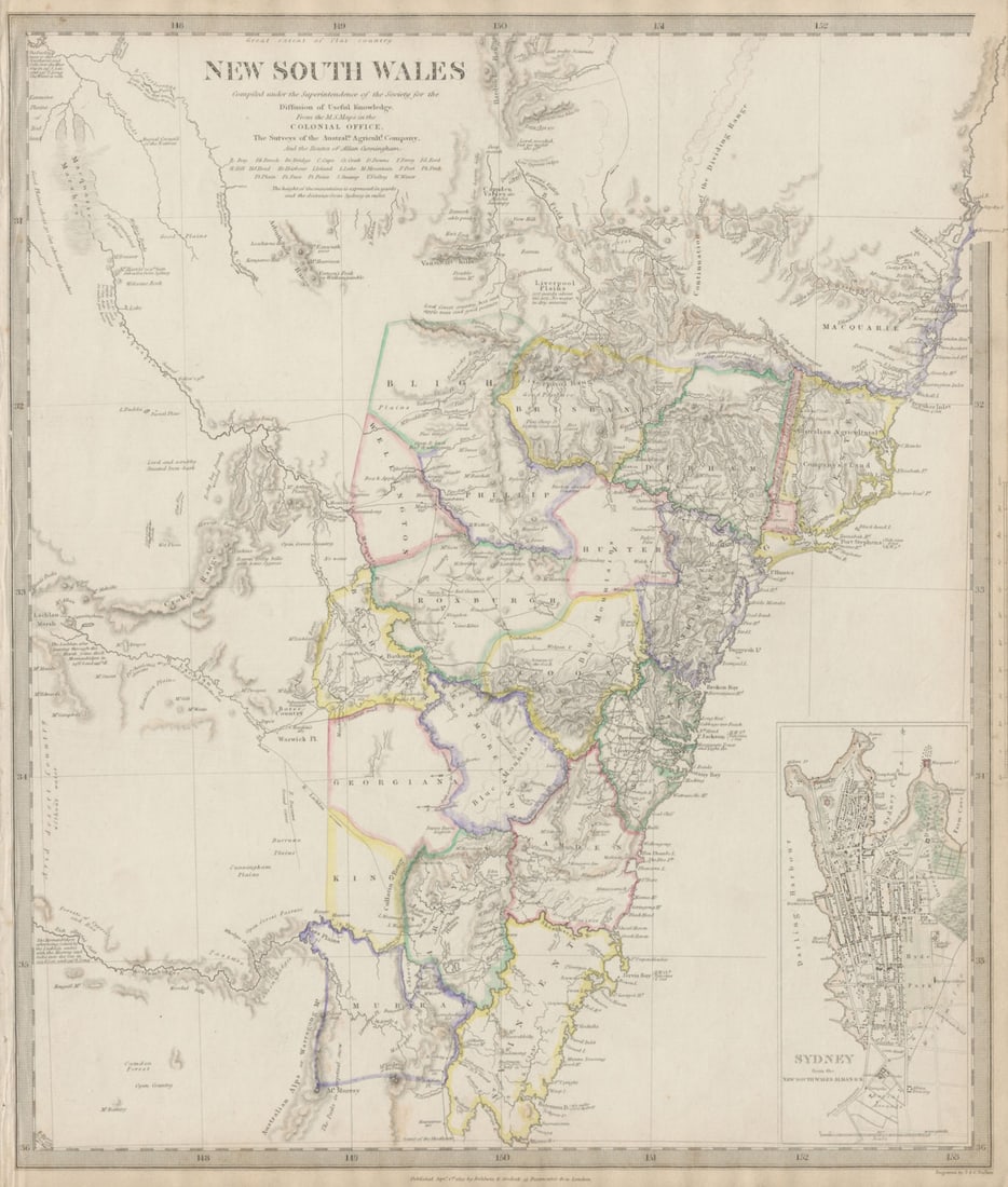 NEW SOUTH WALES based on Cunningham routes. Inset Sydney plan. SDUK 1844 map: Title: NEW SOUTH WALES based on Cunningham routes. Inset Sydney plan. SDUK 1844 map Description: NEW SOUTH WALES, WITH PLAN OF SYDNEY.'. The map is based on maps in the Colonial Office, the Surveys of