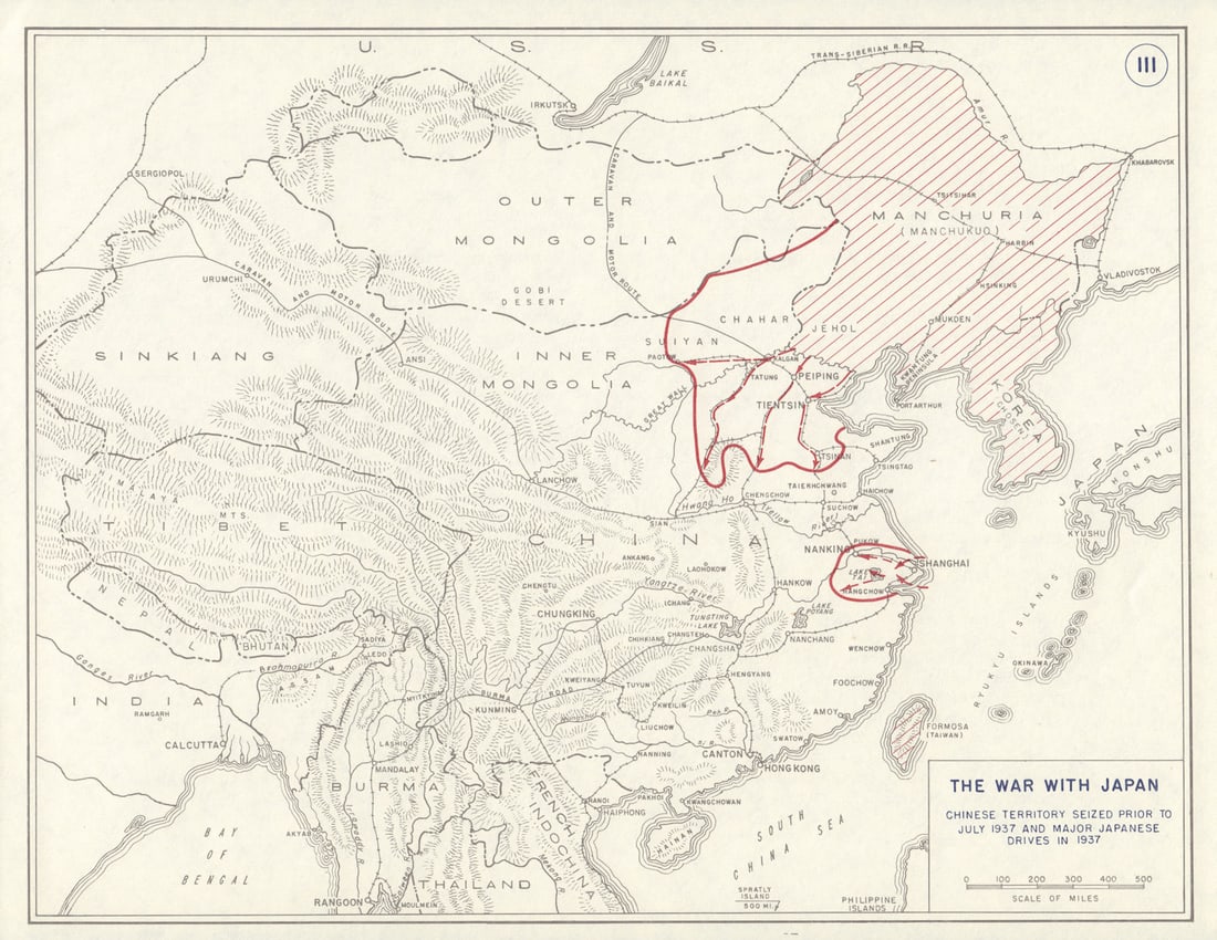 Second Sino-Japanese War 1937. Japanese Manchuria. China 1959 old vintage map: Title: Second Sino-Japanese War 1937. Japanese Manchuria. China 1959 old vintage map Description: The War with Japan - Chinese Territory Seized Prior to July 1937 and Major Japanese Drives in 1937' by