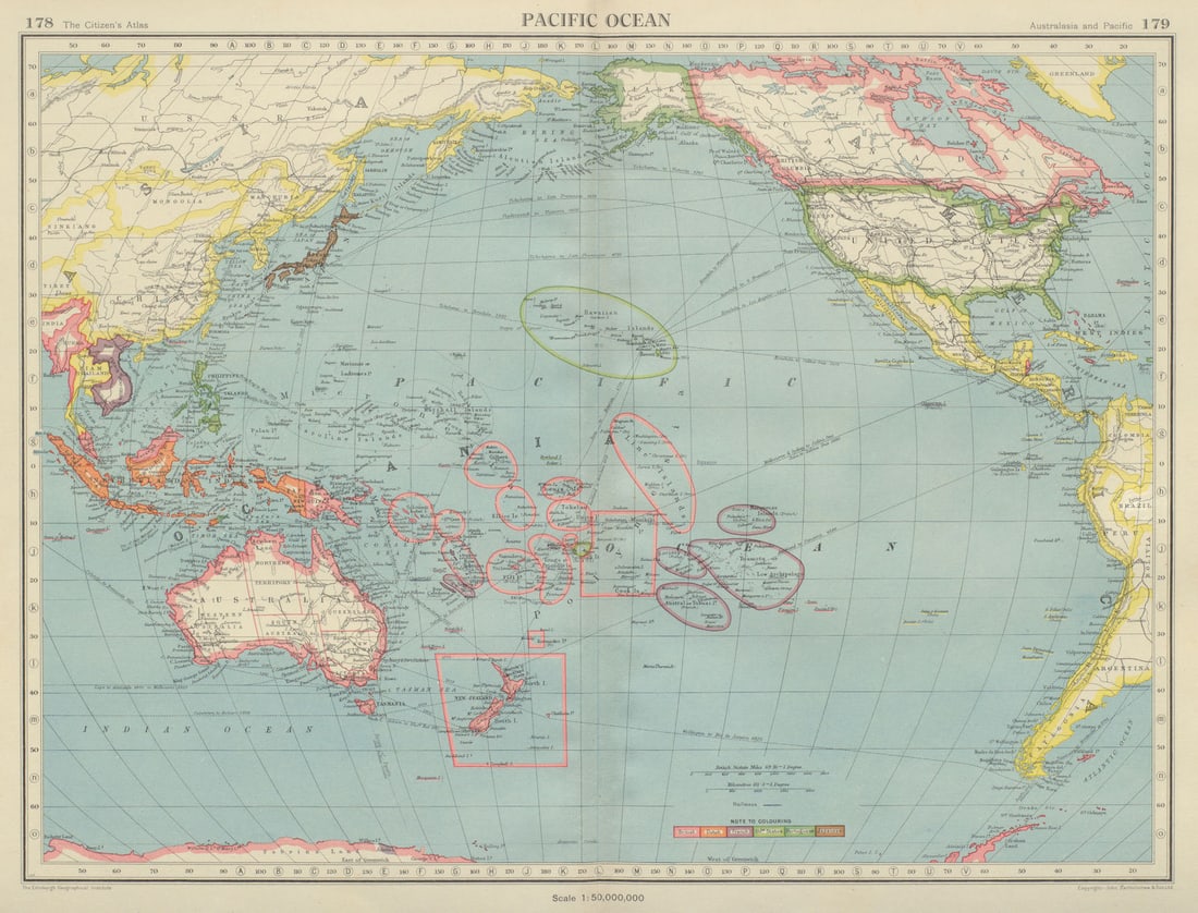 PACIFIC OCEAN showing British French Dutch US territory. US Philippines 1947 map: Title: PACIFIC OCEAN showing British French Dutch US territory. US Philippines 1947 map Description: Pacific Ocean'. John Bartholomew & Son. Published 1947. Vintage colour atlas map. Size 35 x 46 cm