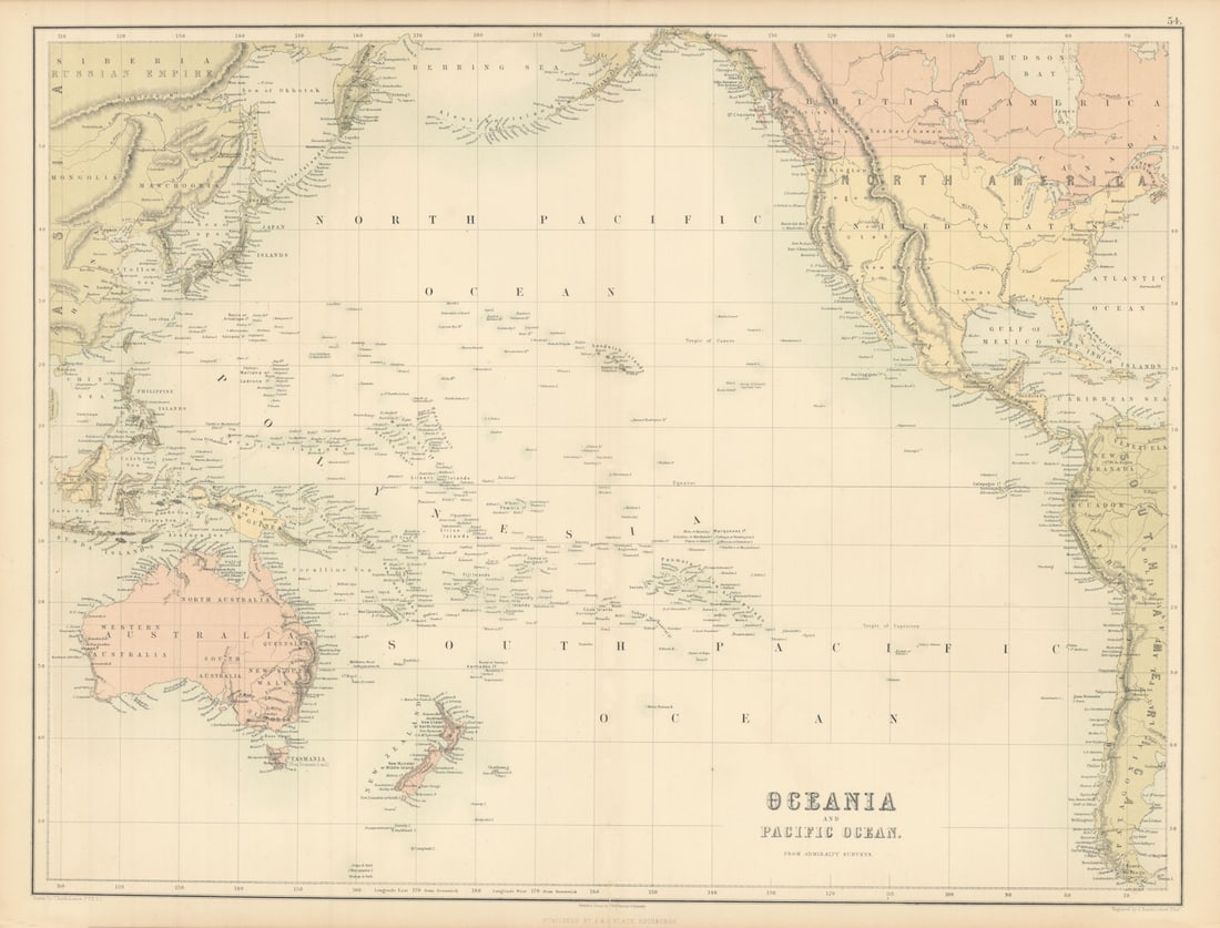 Oceania & Pacific Ocean. Australasia Polynesia Australia. BARTHOLOMEW 1862 map (1 of 1)