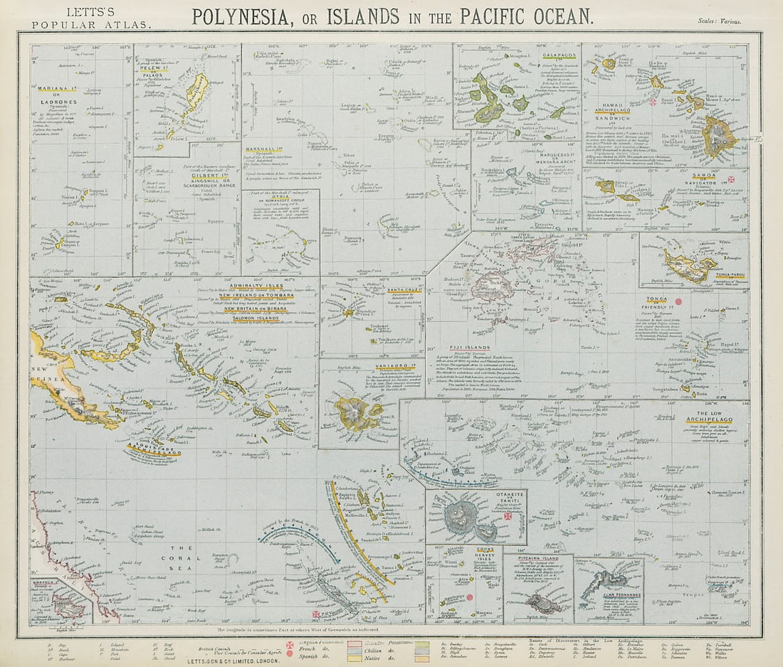 PACIFIC ISLANDS Polynesia Hawaii Samoa Fiji Tahiti Galapagos. LETTS 1884 map: Title: PACIFIC ISLANDS Polynesia Hawaii Samoa Fiji Tahiti Galapagos. LETTS 1884 map Description: Polynesia, or Islands in the Pacific Ocean; Inset maps of Mariana or Ladrones; Pelew or Palaos; Gilbert