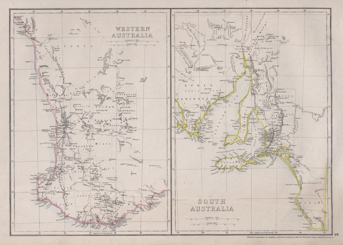 WESTERN & SOUTH AUSTRALIA. Land Divisions. Perth Adelaide. WELLER 1868 old map: Title: WESTERN & SOUTH AUSTRALIA. Land Divisions. Perth Adelaide. WELLER 1868 old map Description: Western Australia; South Australia'. Drawn & Engraved by Edwd. Weller. Published 1868. Antique map wi
