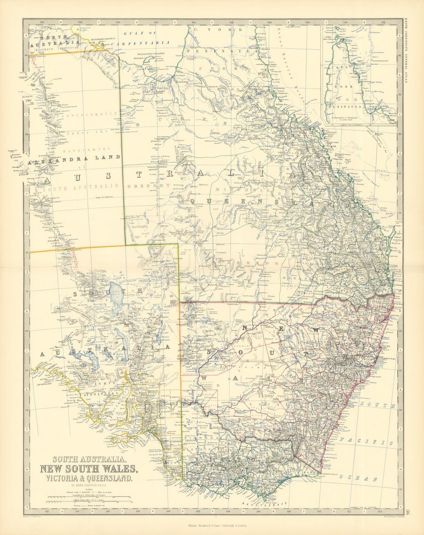 South Australia New South Wales Victoria Queensland 50x60cm. JOHNSTON 1876 map: Title: South Australia New South Wales Victoria Queensland 50x60cm. JOHNSTON 1876 map Description: South Australia, New South Wales, Victoria & Queensland'. Alexander Keith Johnston. Published 187