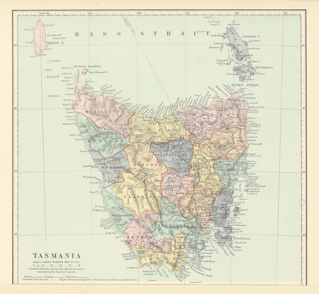 Tasmania in counties. STANFORD 1896 old antique vintage map plan chart: Title: Tasmania in counties. STANFORD 1896 old antique vintage map plan chart Description: Tasmania'. Stanford's Geographical Establishment. Published 1896. Large (folio) antique atlas map. Size 31 x