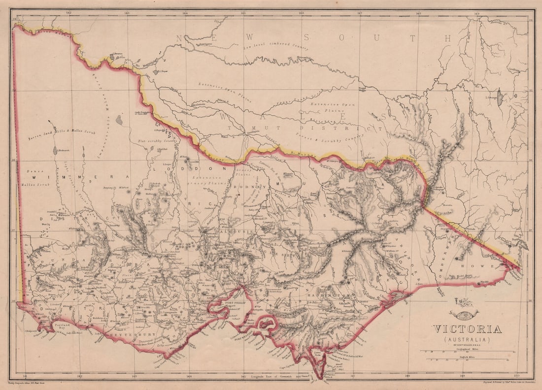 VICTORIA. Shows 1st Australian steam railway Geelong-Melbourne. WELLER 1862 map: Title: VICTORIA. Shows 1st Australian steam railway Geelong-Melbourne. WELLER 1862 map Description: Victoria (Australia)'. The map shows Australia's first steam-drawn railway, from Melbourne to Geelon