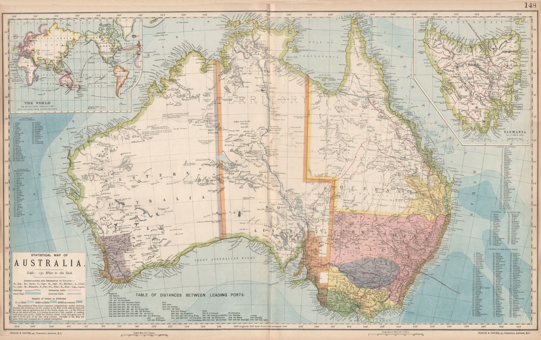 AUSTRALIA. White=unexplored. Violet & green=best sheep country. LETTS 1889 map: Title: AUSTRALIA. White=unexplored. Violet & green=best sheep country. LETTS 1889 map Description: Statistical map of Australia; Inset maps of The World on Mercator's Projection with Distances from Au