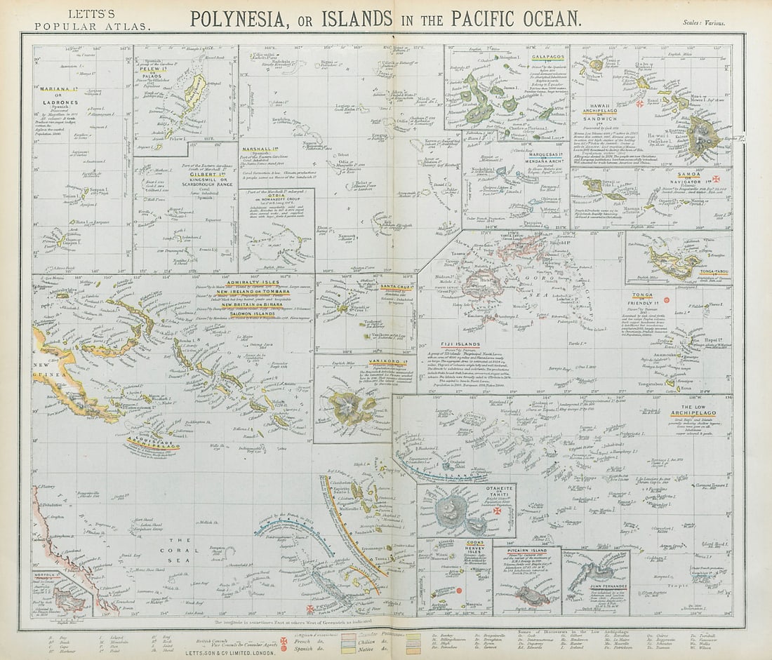 PACIFIC ISLANDS Polynesia Hawaii Samoa Fiji Tahiti Galapagos. LETTS 1883 map: Title: PACIFIC ISLANDS Polynesia Hawaii Samoa Fiji Tahiti Galapagos. LETTS 1883 map Description: Polynesia, or Islands in the Pacific Ocean; Inset maps of Mariana or Ladrones; Pelew or Palaos; Gilbert