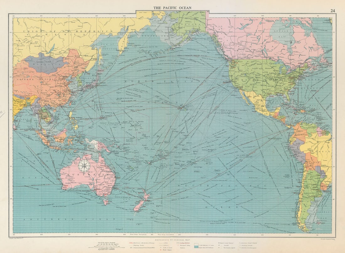 Pacific Ocean sea chart. Ports lighthouses mail routes dockyards LARGE 1959 map: Title: Pacific Ocean sea chart. Ports lighthouses mail routes dockyards LARGE 1959 map Description: The Pacific Ocean'. George Philip & Son Ltd. Published 1959. Antique colour maritime map chart. Size