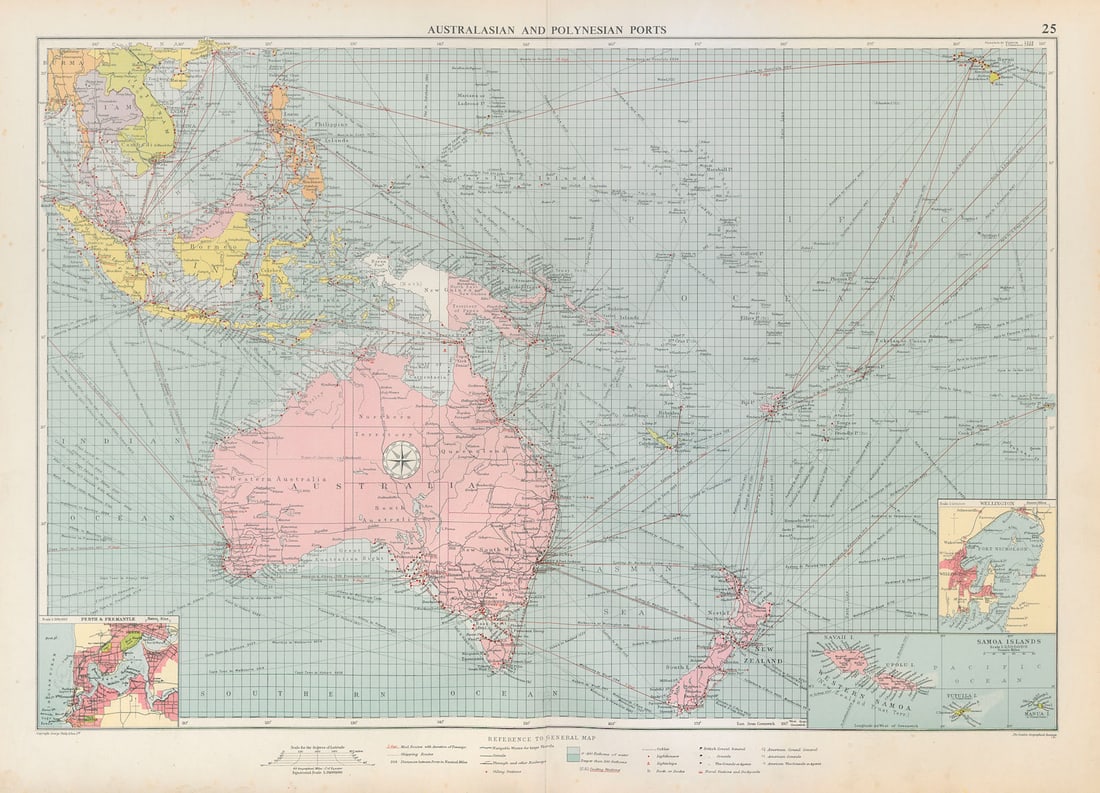 Australasian Polynesian Ports sea chart. lighthouses mail routes LARGE 1952 map (1 of 1)
