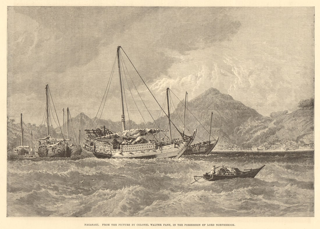 Nagasaki, Japan. From the picture by Colonel Walter Fane. Boats 1877 old print: Title: Nagasaki, Japan. From the picture by Colonel Walter Fane. Boats 1877 old print Description: Nagasaki. From the picture by Colonel Walter Fane, in the possession of Lord Northbrook' by Illustrat