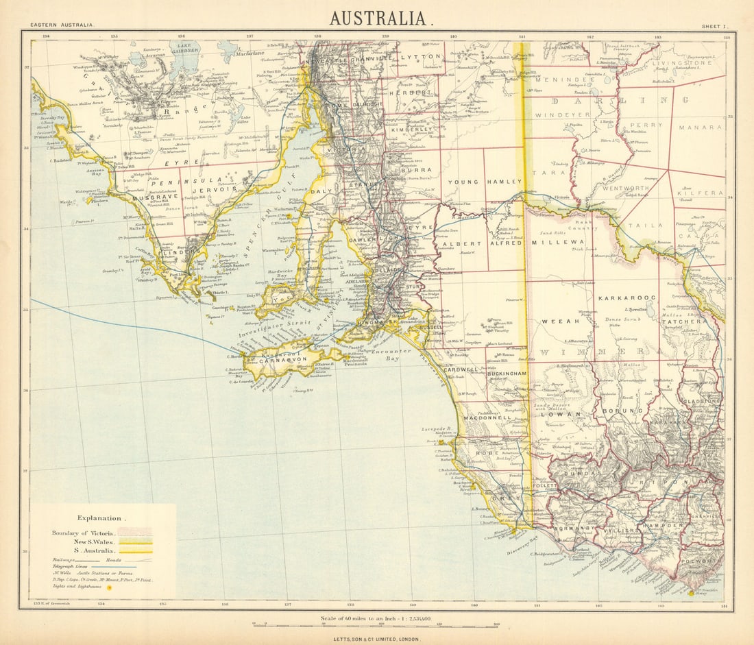 SOUTH AUSTRALIA Victoria NSW. Adelaide. Railways. Wine country. LETTS 1892 map: Title: SOUTH AUSTRALIA Victoria NSW. Adelaide. Railways. Wine country. LETTS 1892 map Description: Australia sheet I - Eastern Australia'. Published by George Gill & Sons. Most of the plates used for
