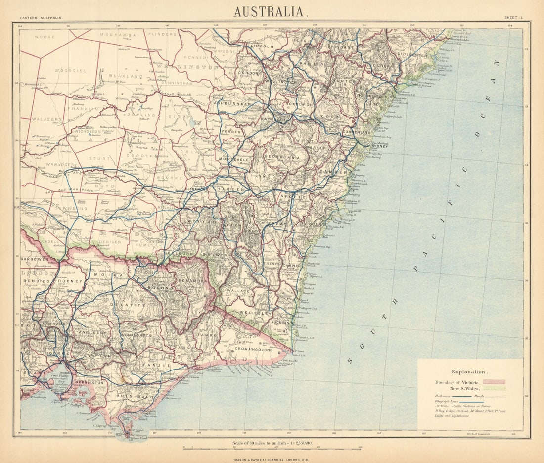 VICTORIA NEW SOUTH WALES Sydney. Railways telegraphs. Australia. LETTS 1892 map: Title: VICTORIA NEW SOUTH WALES Sydney. Railways telegraphs. Australia. LETTS 1892 map Description: Australia sheet II - Eastern Australia'. Published by George Gill & Sons. Most of the plates used fo