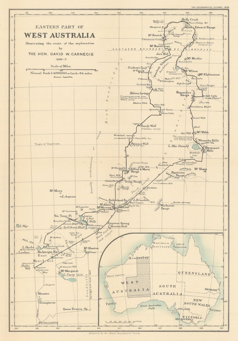 Eastern Part of West Australia. David Carnegie expedition 1896-7. RGS 1898 map: Title: Eastern Part of West Australia. David Carnegie expedition 1896-7. RGS 1898 map Description: Eastern Part of West Australia illustrating the route of exploration by The Hon. David W Carnegie 189