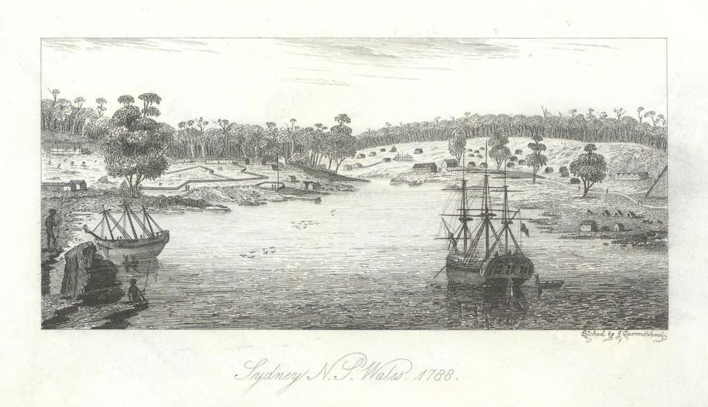 A view of Sydney Harbour, New South Wales in 1788 by John Carmichael 1848: Title: A view of Sydney Harbour, New South Wales in 1788 by John Carmichael 1848 Description: Sydney N.S.Wales 1788'. Etched by J. Carmichael [likely John Carmichael]. Published 1848. Antique steel en