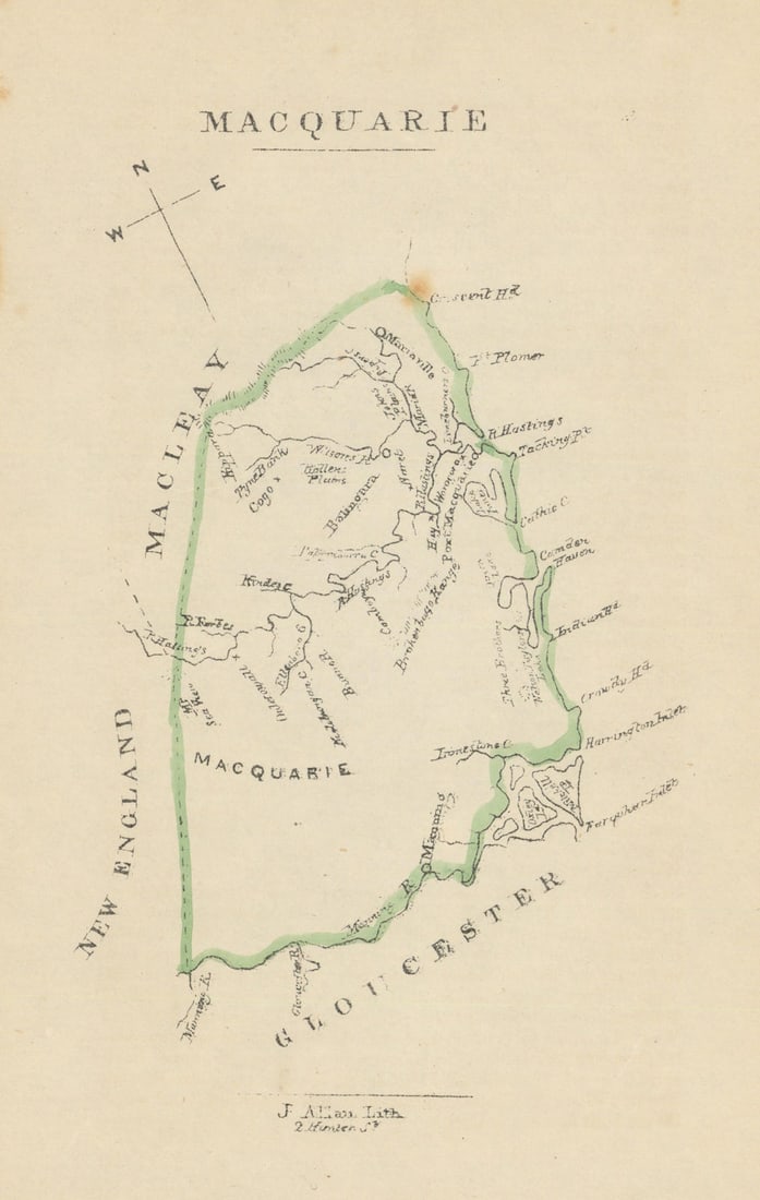 Macquarie county/cadastral map—Port Macquarie—Wells/Allan 1848 old antique: Title: Macquarie county/cadastral map—Port Macquarie—Wells/Allan 1848 old antique Description: Macquarie'. Originally published as part of one of the earliest series of Australian county m