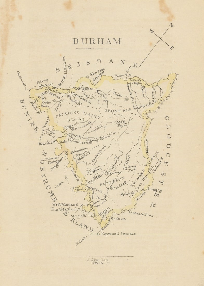 Durham county/cadastral map by William Wells/John Allan—New South Wales 1848: Title: Durham county/cadastral map by William Wells/John Allan—New South Wales 1848 Description: Durham'. Originally published as part of one of the earliest series of Australian county maps. .