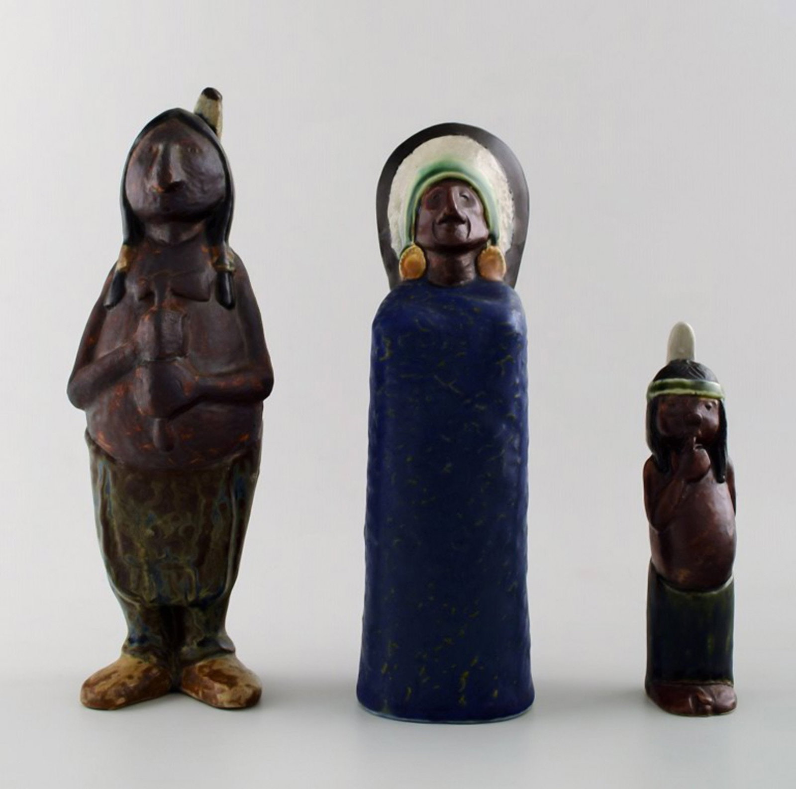 Rolf Palm, Höganäs, three Indians, unique ceramic figures.: Title: Rolf Palm, Höganäs, three Indians, unique ceramic figures. Description: Rolf Palm, Höganäs, three Indians, unique ceramic figures. Swedish design. 1950s. Measuring: 21.5