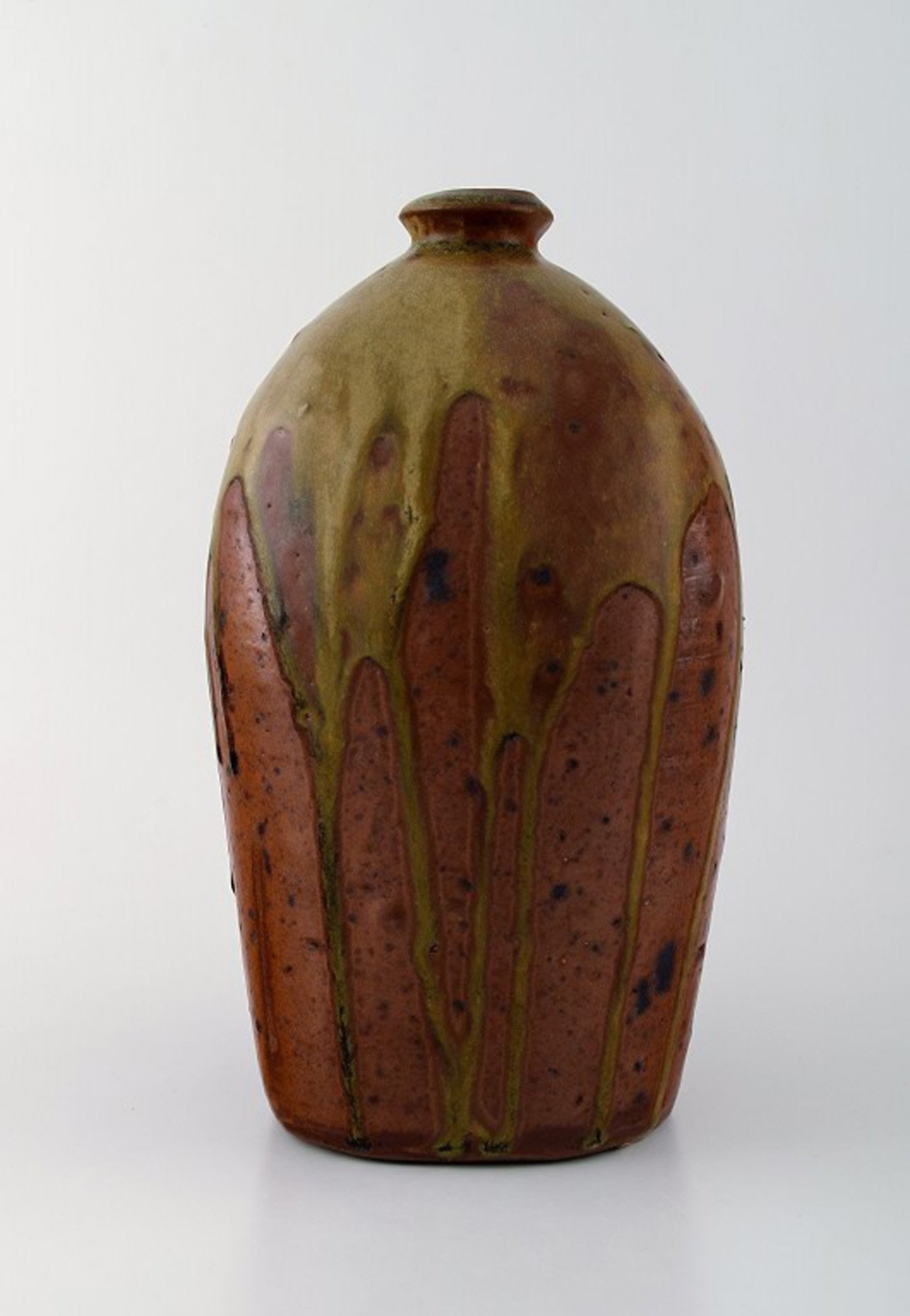 Dorthe Møller, own workshop, ceramic vase in rustic style. Raku burned.: Title: Dorthe Møller, own workshop, ceramic vase in rustic style. Raku burned. Description: Dorthe Møller, own workshop, ceramic vase in rustic style. Raku burned. glaze in brown nuances. Si