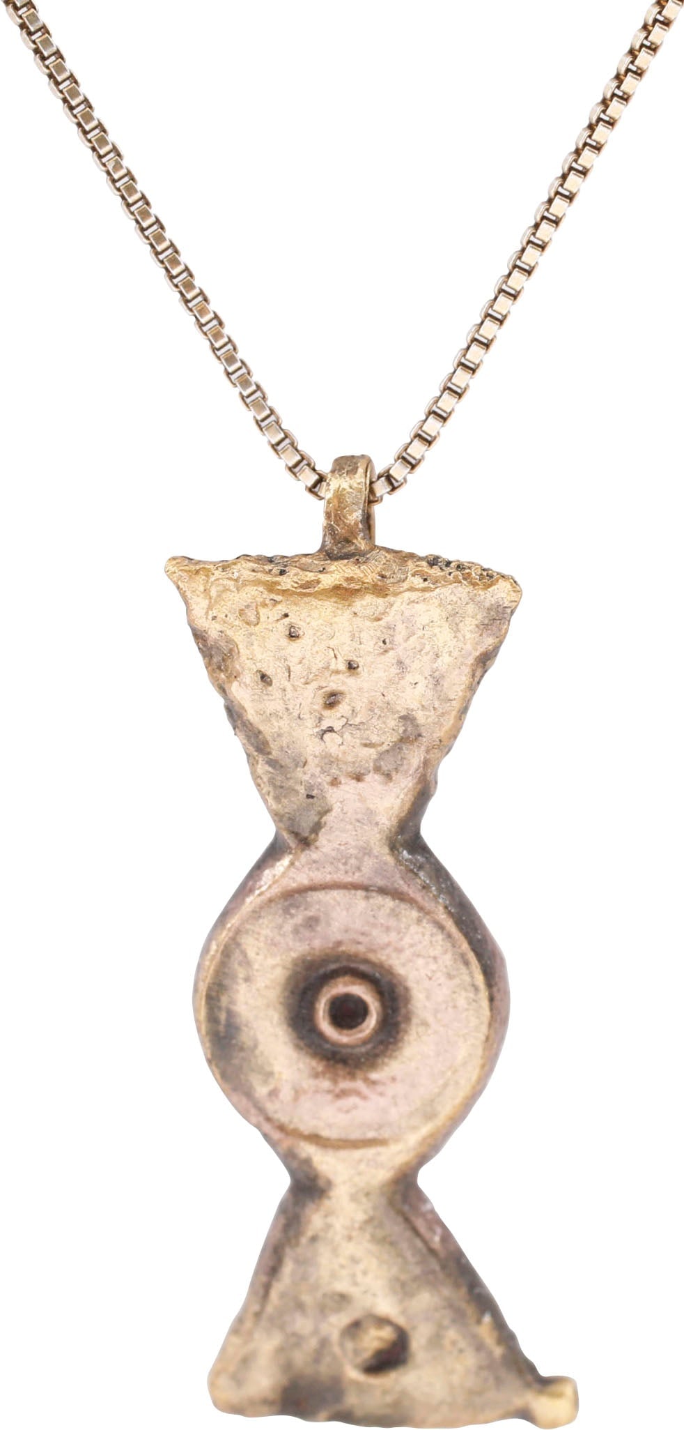 ROMAN LEGIONARY’S SWORD BELT MOUNT NECKLACE MID 4TH CENTURY AD: This is an original belt mount from a Roman legionary’s sword belt C.300-400 AD. See https://www.forumancientcoins.com/NumisWiki/view.asp?key=Roman%20Military%20Belts for virtually identical exa