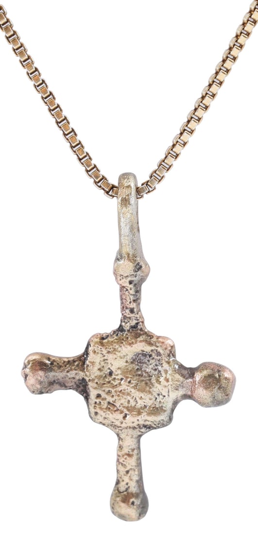MEDIEVAL EUROPEAN CONVERT’S CROSS NECKLACE, 9th-10th CENTURY: The emergence from the Dark Ages is embodied in the rise to power of the Frankish King, Charlemagne in 768 (founder of the Holy Roman Empire after 800) followed by conquering southern Europe from Fran