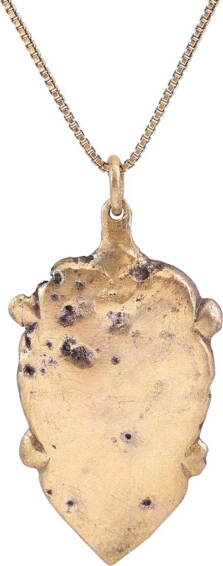 ANCIENT VIKING HEART PENDANT NECKLACE, C.850-1050 AD: Iconic elongated cusped heart form with nubbed quarters defining a saltire. Over 1 3/8” (01.40”) in height. The heart stood for bravery, fortitude, loyalty, integrity, all attributes of th