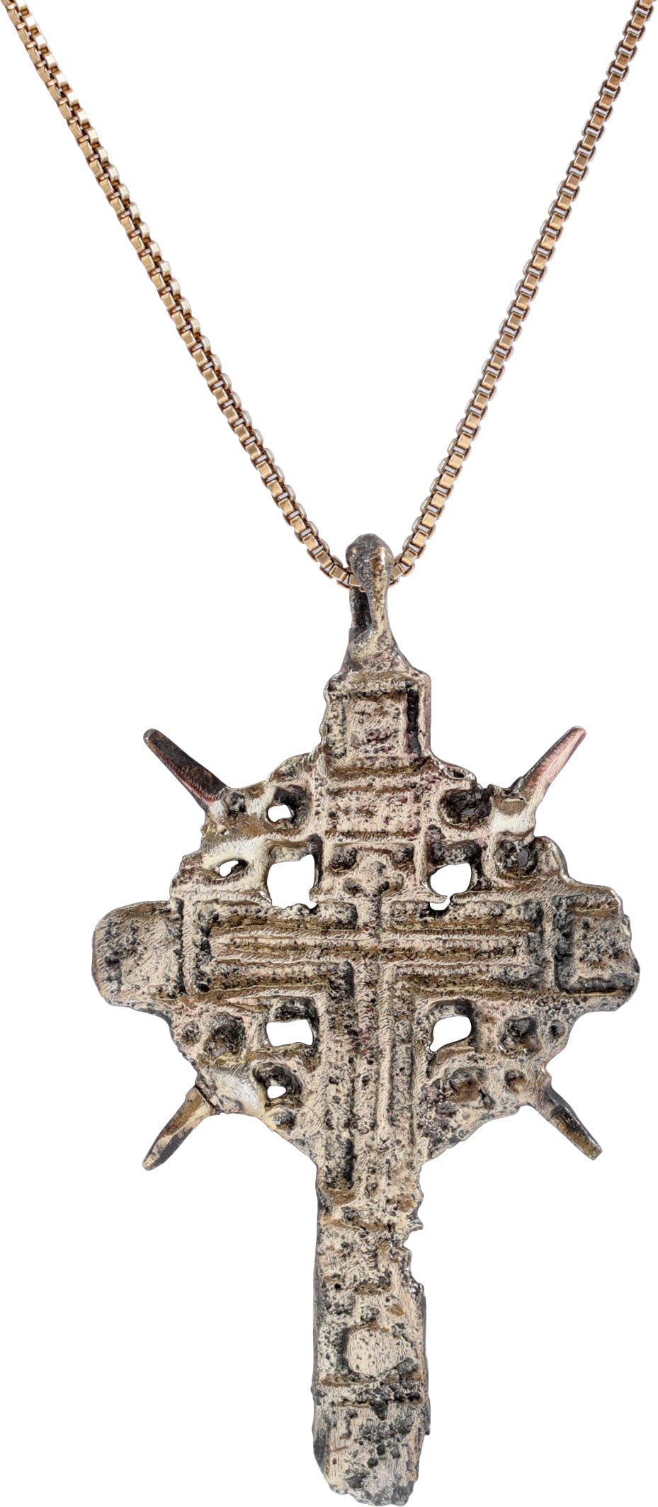 FINE LARGE EASTERN EUROPEAN CROSS, 17TH CENTURY: Gilt bronze, just under 1 ¾” (1.72”) in height. Raised edge beams with double line inner cross to the front. The back with curvilinear panels. Large halo formed by semicircular elemen