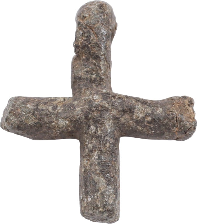 FINE ENGLISH MORTUARY CROSS, 14th CENTURY: Lead, just under 3/4" height with the cross beam centered. Made for burial with plague victims of the first great plague of 1348-49. The top pierced for a cord to attach to the body of the victim.