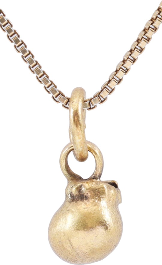 ANCIENT ROMAN WOMAN'S PENDANT NECKLACE 1ST-3RD CENTURY: These small pendants were popular among common women in ancient Rome. Some have been described as prostitute’s pendants and that view is widely published on the internet. This example is of pear