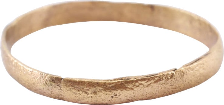 LARGE VIKING WEDDING RING, 9TH-11TH CENTURY AD, SIZE 10: Gilt bronze, size 10. 2.5mm width with low rounded face. Professionally refurbished with the 24karat gold overlay restored. Jewelry gift boxed with a certificate of authenticity. Rare, large in size a