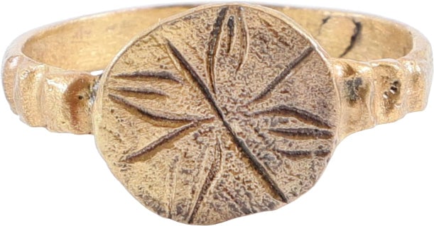 MEDIEVAL EUROPEAN RING, SIZE 10: Iconic type popular in Northern Europe in the 15th-17th century. See Ancient Rings, Pollio, p.30. Gilt bronze, size 10 with 3.2mm rounded face band with stepped shoulders. Circular bezel with a floral