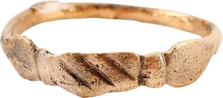 MEDIEVAL DEXTARUM IUNCTIO RING, 14TH-15TH CENTURY, SIZE 8 ½: The dextarum iunctio or hand clasp motif originated with the Greeks. In Rome, it was sacred to gods Concordia and Fides. It evolved in the Medieval period to the mani in fede (hands in faith) and was