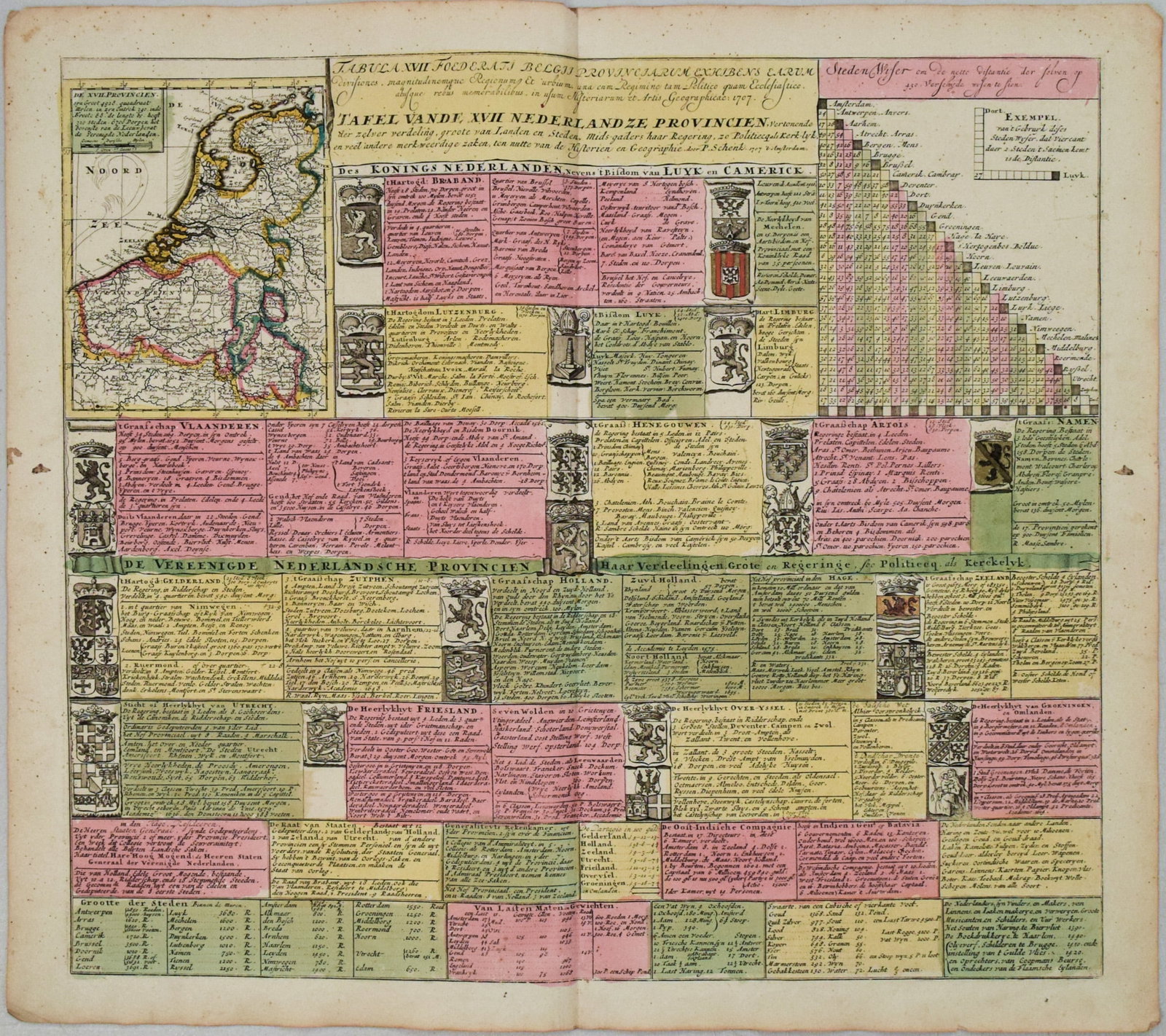 1707 Schenk Dutch Provinces Chart with Leo Belgicus Map -- Tafel vande XVII Nederlandze Provincien,: Title:1707 Schenk Dutch Provinces Chart with Leo Belgicus Map -- Tafel vande XVII Nederlandze Provincien, Vertonende der zelver verdeling, grootte van Landen en Steden, mids-gaders haar Regering, zo P