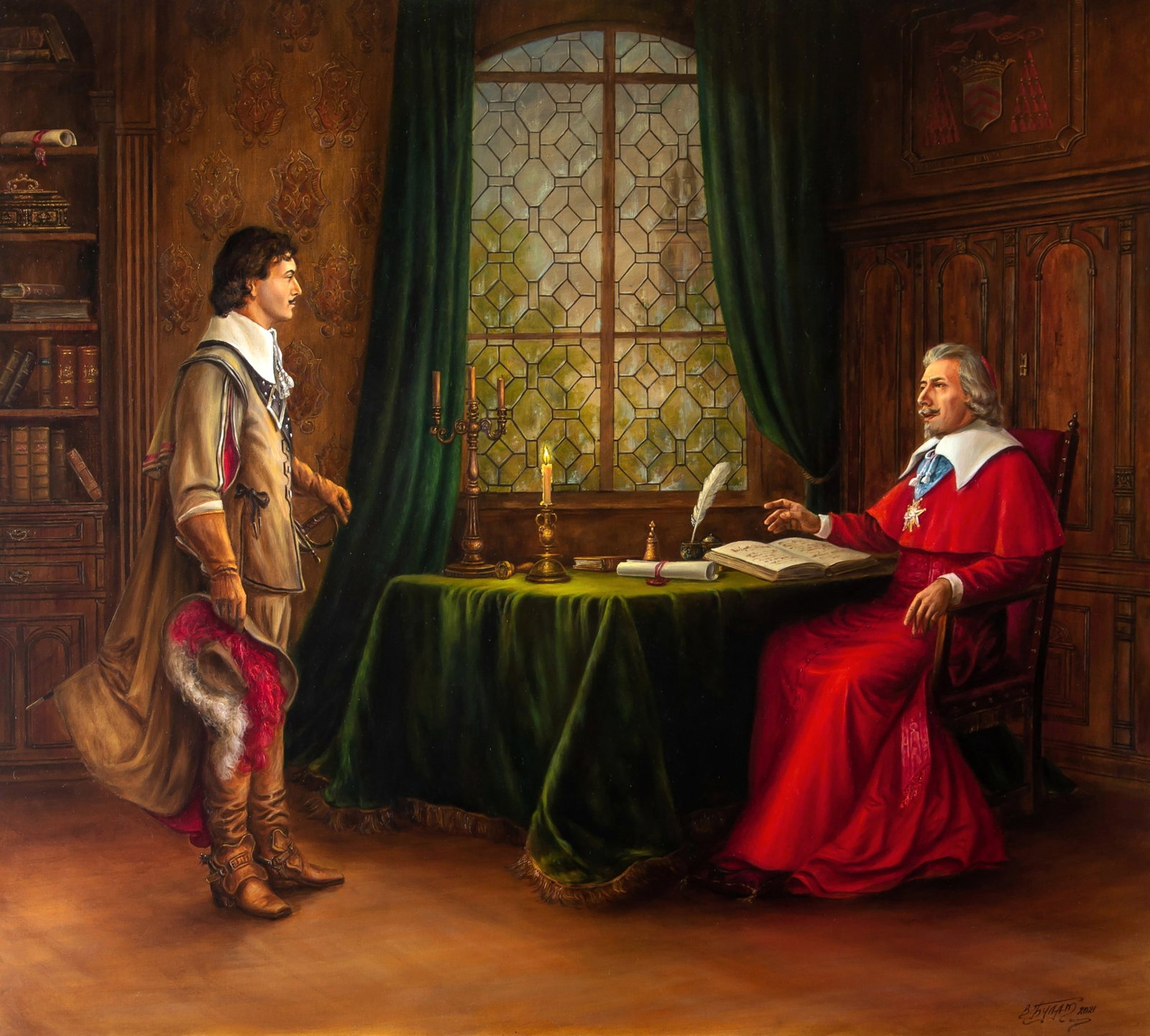 Oil painting You made a mistake Valeriy Bulat: Title: Oil painting You made a mistake Valeriy Bulat Description: 8BUL Painter: Valeriy Bulat Size: 85x95 cm/33.46x37.40 inches Components: oil, canvas Original painting - Based on A. Dumas's "The Thr