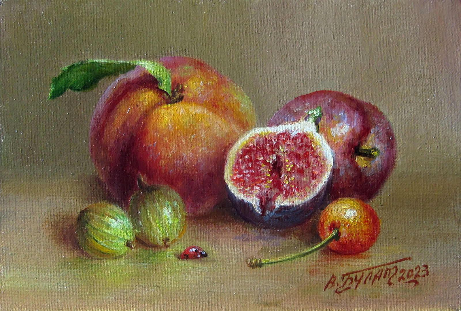 Oil painting Fruit still life Valeriy Bulat: Title: Oil painting Fruit still life Valeriy Bulat Description: 45BUL Painter: Valeriy Bulat Size: 10x15 cm/3.93x5.90 inches Components: oil, canvas Original painting CONDITION: excellent ARTIST: 