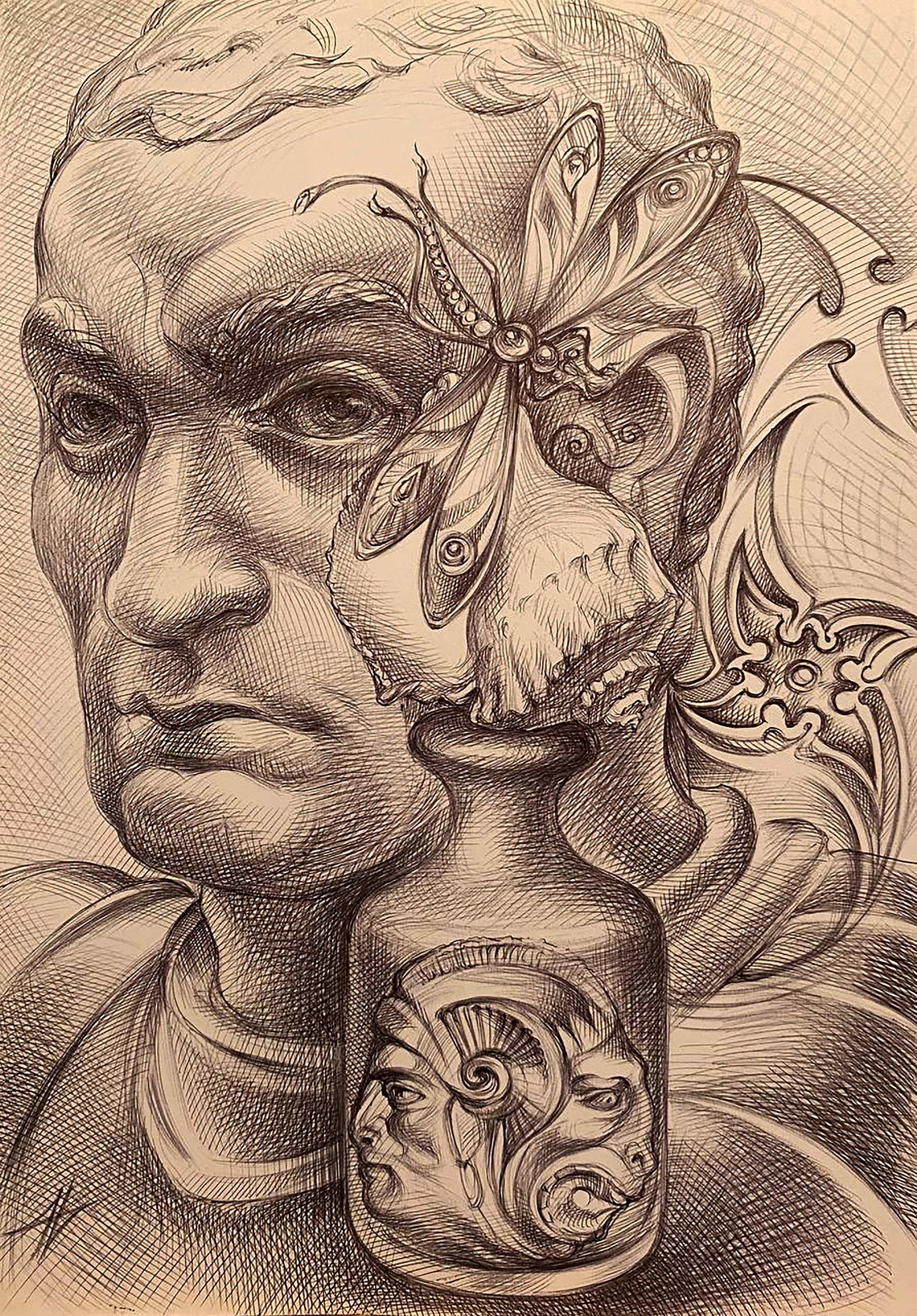 Pen painting Thoughtful look Natalia Bulat: Title: Pen painting Thoughtful look Natalia Bulat Description: 74BUL Painter: Natalia Bulat Size: paper A4 Components: pen, paper Original painting CONDITION: excellent ARTIST: She was born in the