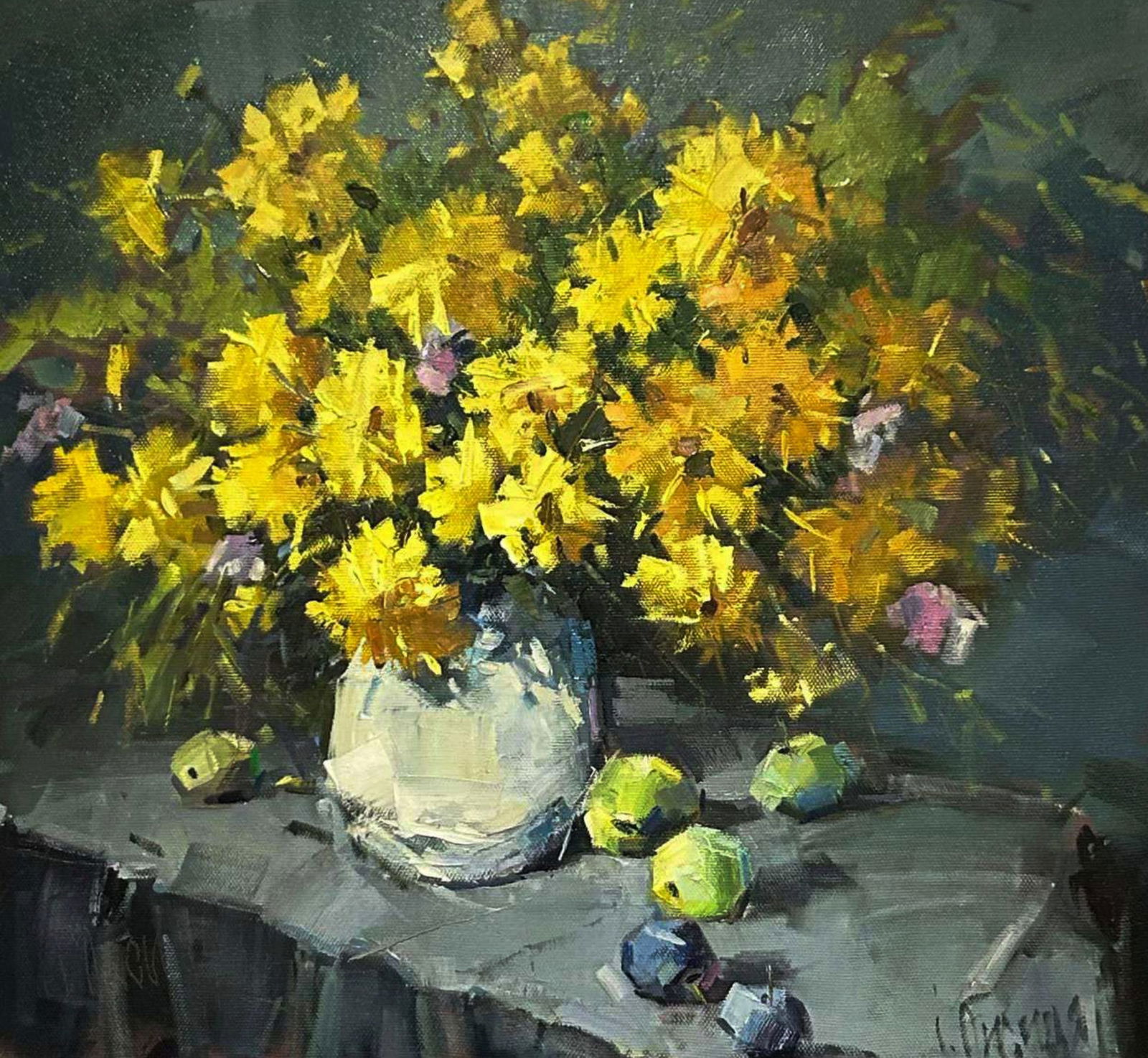 Oil painting Yellow chrysanthemums Igor Lysytsya: Title: Oil painting Yellow chrysanthemums Igor Lysytsya Description: 23LISITS Painter: Igor Lysytsya Size: 55x60 cm/21.65x23.62 inches Components: oil, canvas Original painting CONDITION: excellent AR