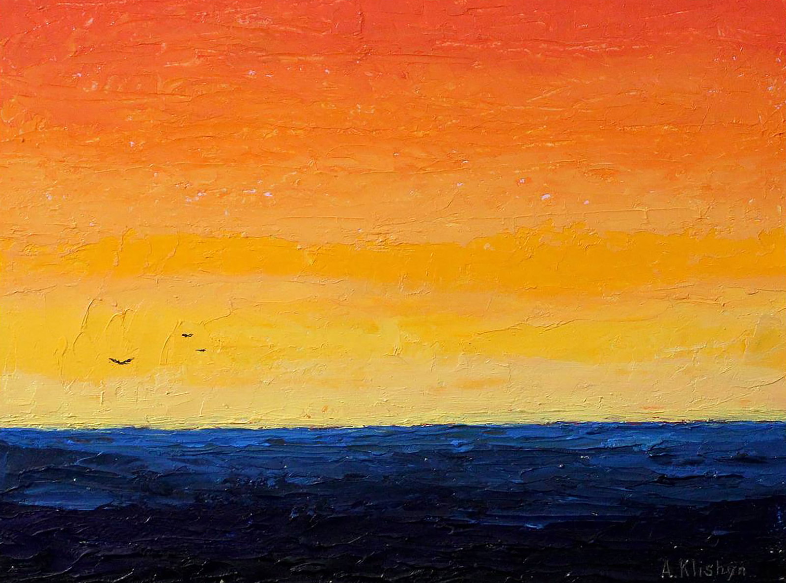 Oil painting Sunset with seascape Andriy Klishyn: Title: Oil painting Sunset with seascape Andriy Klishyn Description: 35KLISH Painter: Andriy Klishyn Size: 34.5x44.5 cm/13.58x17.51 inches Components: oil, dvp Original painting CONDITION: excellent A