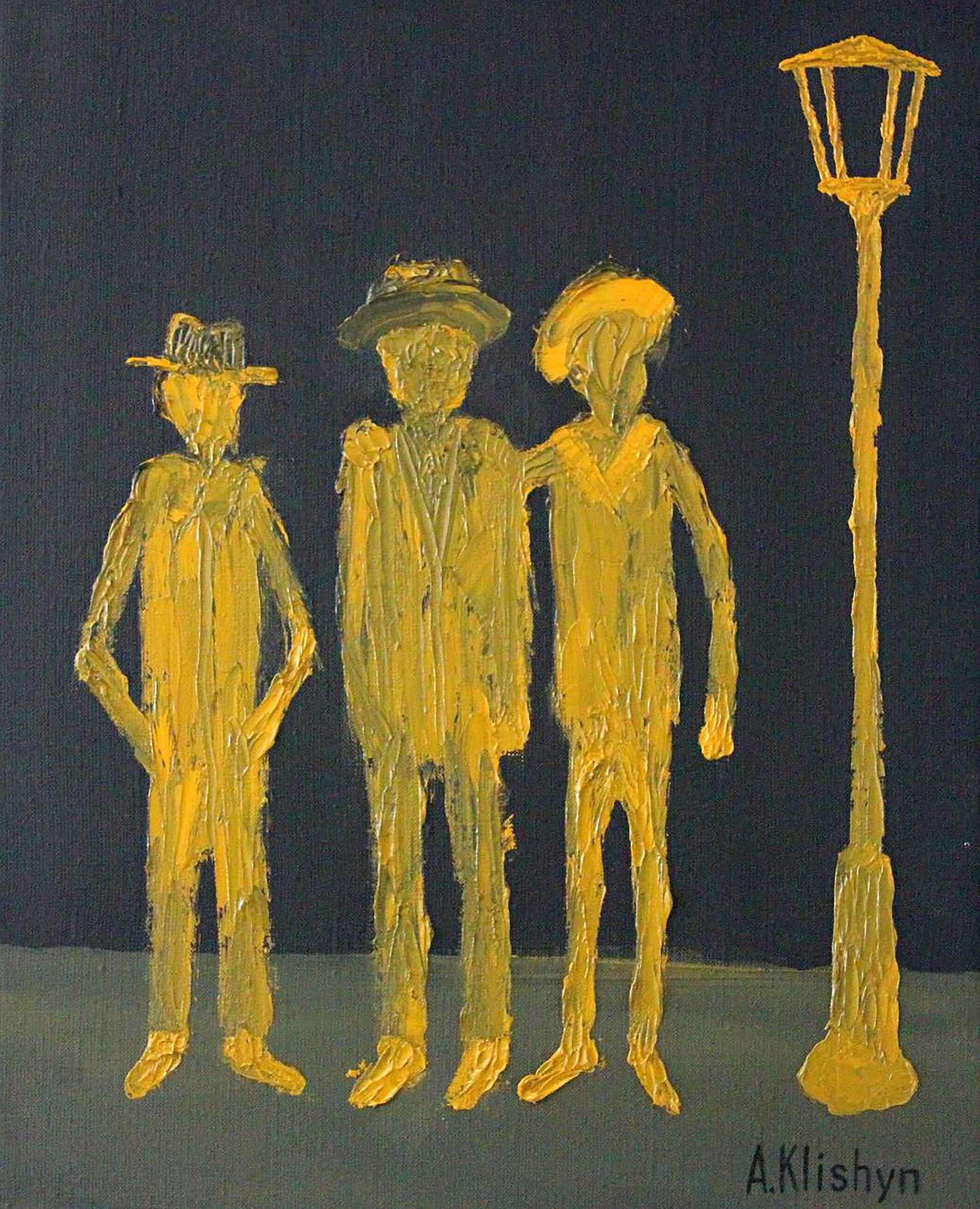 Oil painting Three in hats Andriy Klishyn: Title: Oil painting Three in hats Andriy Klishyn Description: 42KLISH Painter: Andriy Klishyn Size: 50x40 cm/19.68x15.74 inches Components: oil, canvas Original painting CONDITION: excellent ARTIST: B