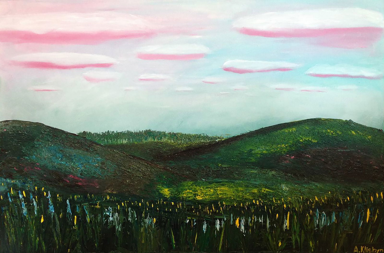 Oil painting Magic meadow Andriy Klishyn: Title: Oil painting Magic meadow Andriy Klishyn Description: 53KLISH Painter: Andriy Klishyn Size: 60x90 cm/23.62x35.43 inches Components: oil, canvas Original painting CONDITION: excellent ARTIST: Bo