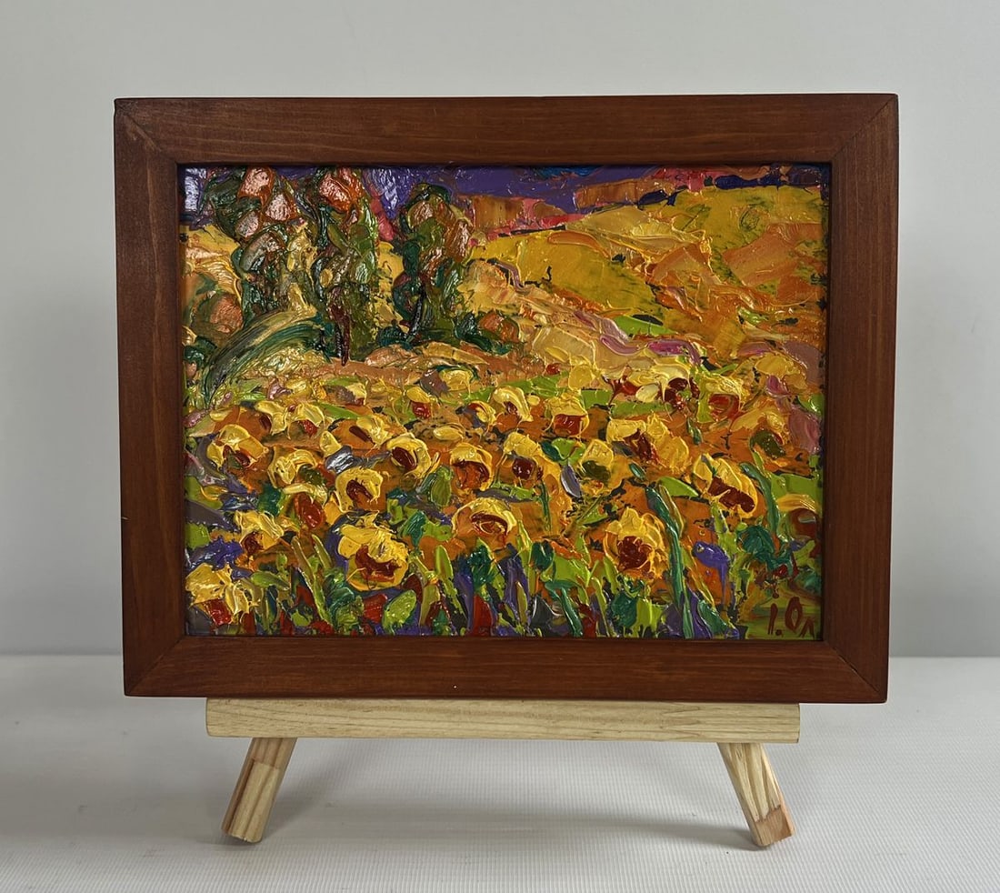 Oil painting Field of sunflowers Alex Kalenyuk: Title: Oil painting Field of sunflowers Alex Kalenyuk Description: NoAAA4734The oil painting on cardboard titled "Field of Sunflowers" is a vibrant and expressive depiction of a golden sunflower field
