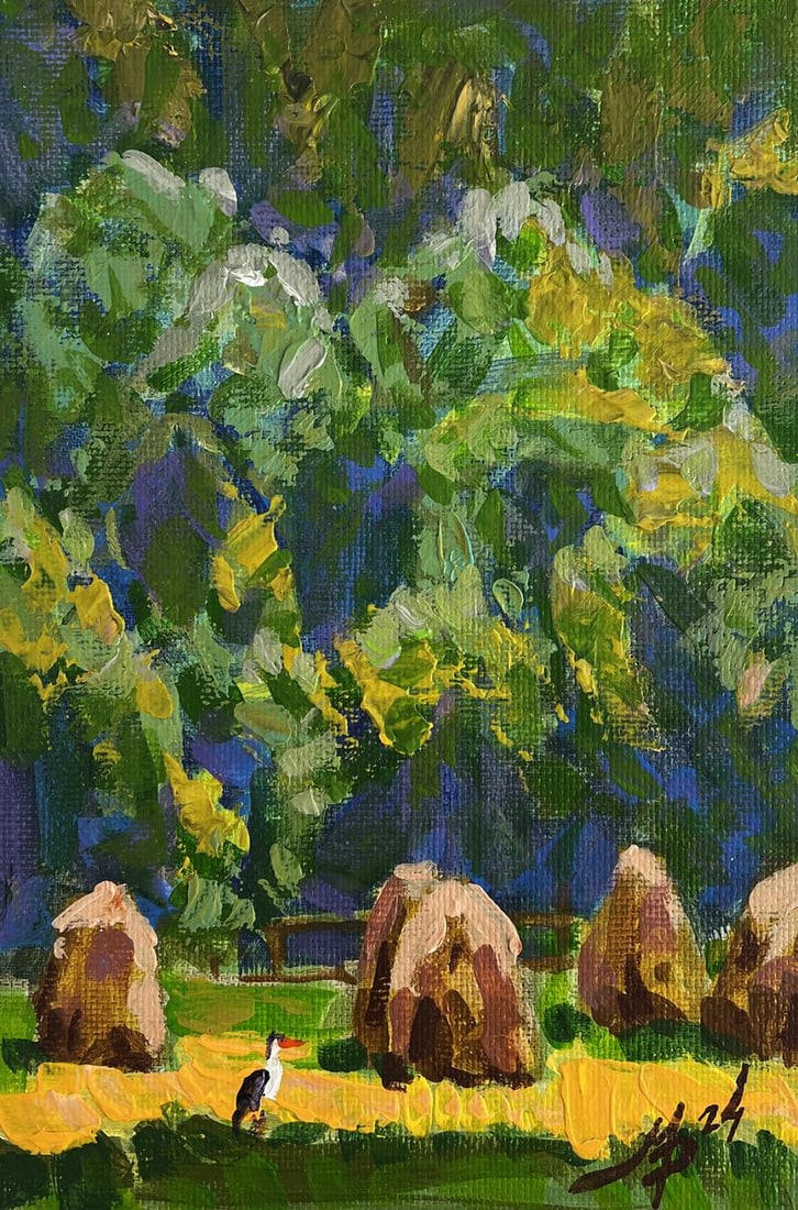 Acrylic painting Warm day by the haystacks Mykhailo Patskan - 3