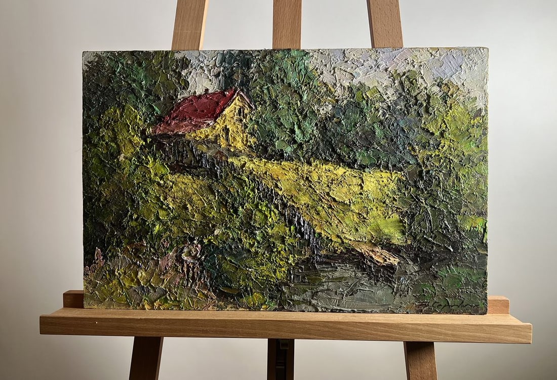 Oil painting House near the pond Boris Serdyuk: Title: Oil painting House near the pond Boris Serdyuk Description: NoAAA3757The oil painting on canvas on cardboard, titled "House Near the Pond", captures a secluded rural landscape, where nature and