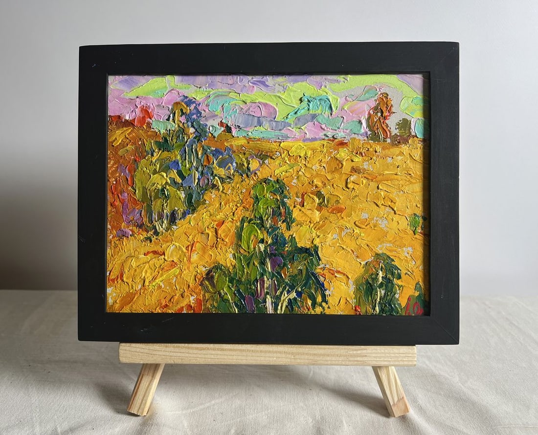 Oil painting Golden field among trees Alex Kalenyuk: Title: Oil painting Golden field among trees Alex Kalenyuk Description: NoAAA3817This oil painting cardboard, titled "Golden field among trees", the composition is centered on a wide, expansive field,