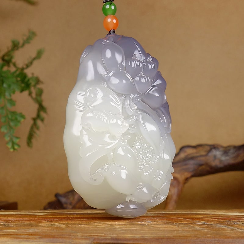 Hetian Jade Hand-carved Lotus,Bat Pendant w Certificate - 2