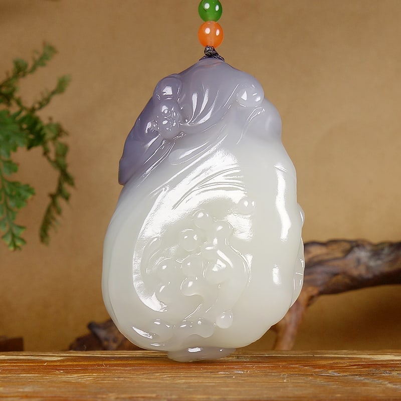 Hetian Jade Hand-carved Lotus,Bat Pendant w Certificate - 3